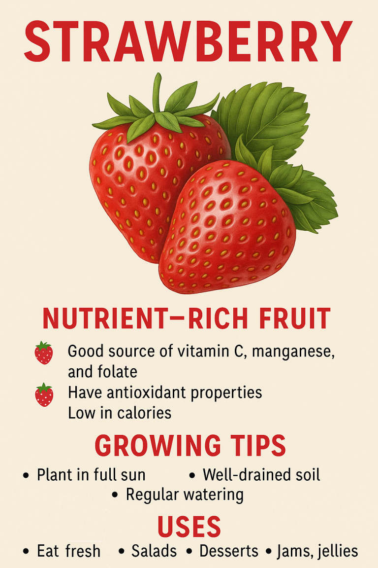 Illustration of strawberries with text highlighting their nutrients, growing tips, and uses. Learn about strawberries' health benefits, planting advice, and common culinary uses.