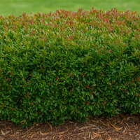 A neatly trimmed green shrub with small red-tipped leaves, bordered by mulch at the base and grass in the background.