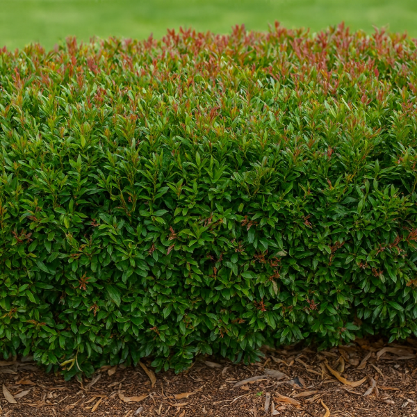 A neatly trimmed green shrub with small red-tipped leaves, bordered by mulch at the base and grass in the background.