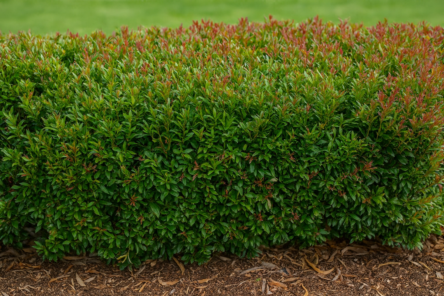 A neatly trimmed green shrub with small red-tipped leaves, bordered by mulch at the base and grass in the background.