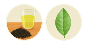 A glass of yellow-green tea sits beside a pile of loose tea leaves; next to it is an illustration of a single Camellias green tea leaf.