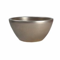 A metallic bowl with a matt finish, wide opening, and rounded sides, set against a plain white background.