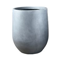A plain, round, grey concrete planter with a smooth surface and slightly tapered bottom, photographed against a white background.