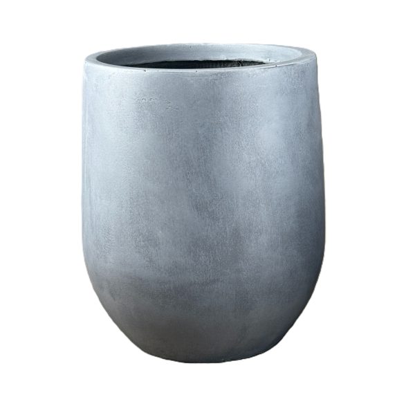 A plain, round, grey concrete planter pot with a smooth surface and an open top, set against a white background.