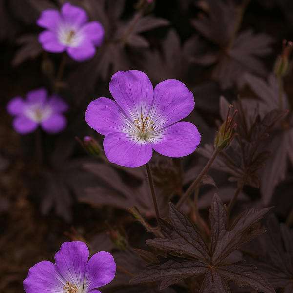 Geranium 'Savannah Tex Mex Merlot Sizzle' PBR blooms with five-petalled purple flowers among dark green leaves in a 15cm pot, with soil visible at the bottom left.