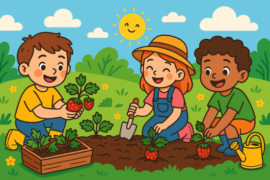 Three children enjoy a Kids’ Special day outdoors, planting and picking Red Gauntlet Strawberry plants amid green grass and blooming flowers in the sunny garden.