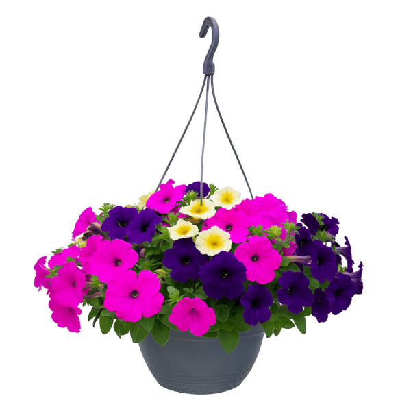 The Petunia 'Combo Macaron' 10" Hanging Basket, bursting with pink, purple, and yellow blooms, creates a stunning contrast against a white background.