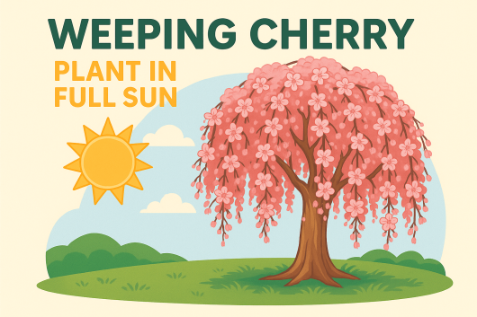 Illustration of a weeping cherry tree (Prunus) with pink blossoms beside a sun icon. Text reads, "Weeping Cherry, Plant in Full Sun." The tree is set against a grassy landscape—perfect for fans of cherry trees.