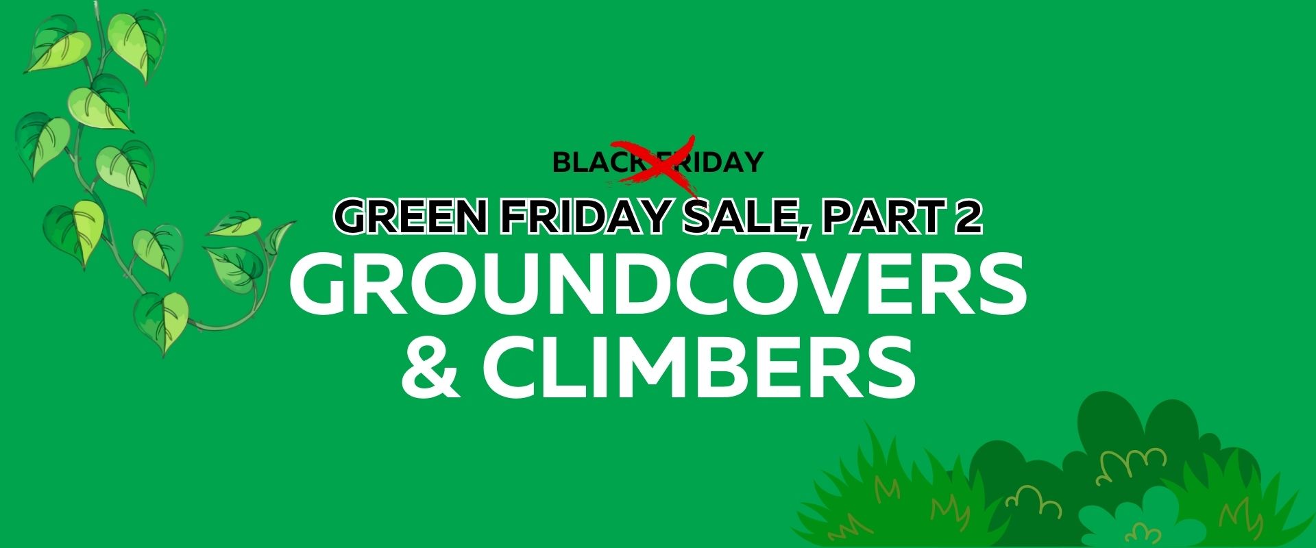 Green banner with "Black Friday" crossed out and replaced by "Green Friday Sale, Part 2: Groundcovers & Climbers," featuring leaf and plant illustrations for the Green Friday Sale event.