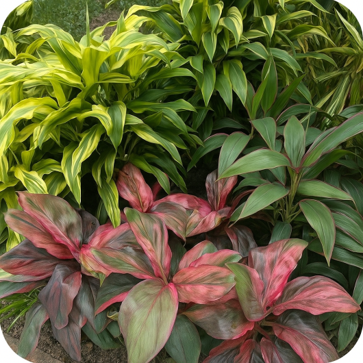 A garden bed with green and yellow variegated plants in the background and striking red-green Cordyline foliage in the foreground.