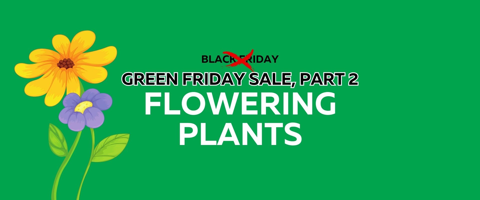 Green background with illustrated yellow and purple flowers. Text reads: "Black Friday" crossed out, replaced with "Green Friday Sale, Part 2: Flowering Plants." Celebrate Green Friday Sale with vibrant blooms!.