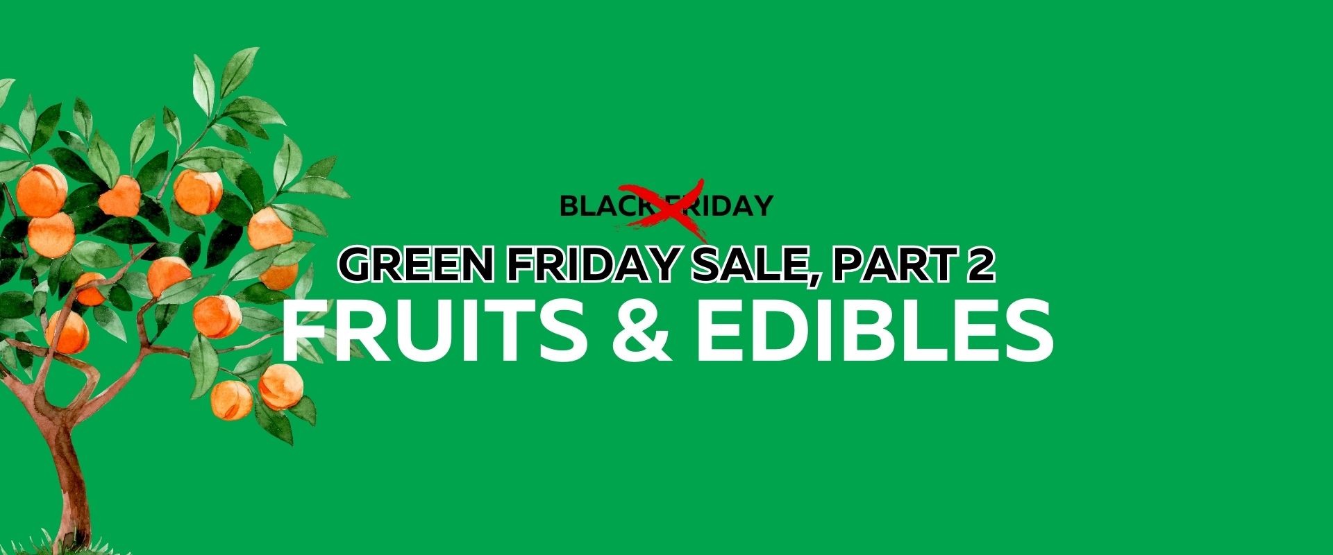 A green background features an orange tree illustration and the text “Green Friday Sale, Part 2: Fruit & Edibles.” "Black" is crossed out and replaced with "Green," highlighting the special Green Friday Sale event.