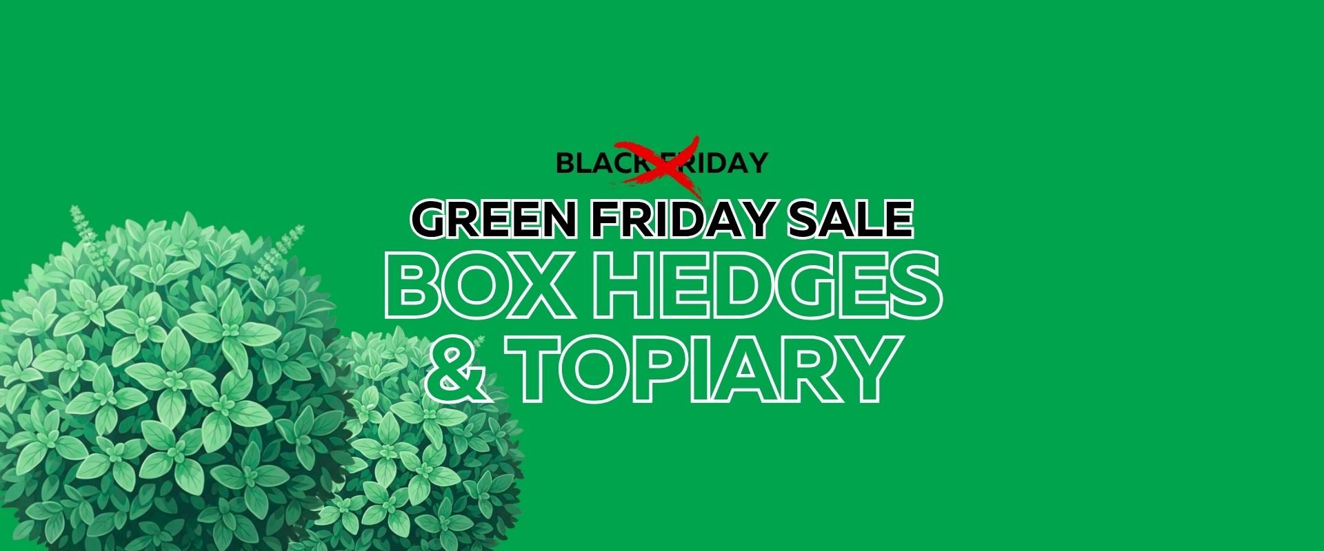 A green background with box hedges on the left and text reading "Green Friday Flash Sale - Box Hedges & Topiary," with "Black" crossed out above "Green".