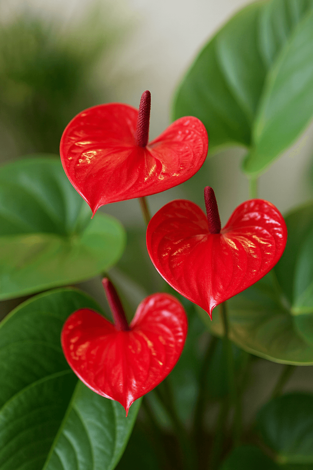 The Anthurium 'Casanova' 18cm Pot features three red flowers with glossy, heart-shaped petals and upright spadices, set among lush green leaves.