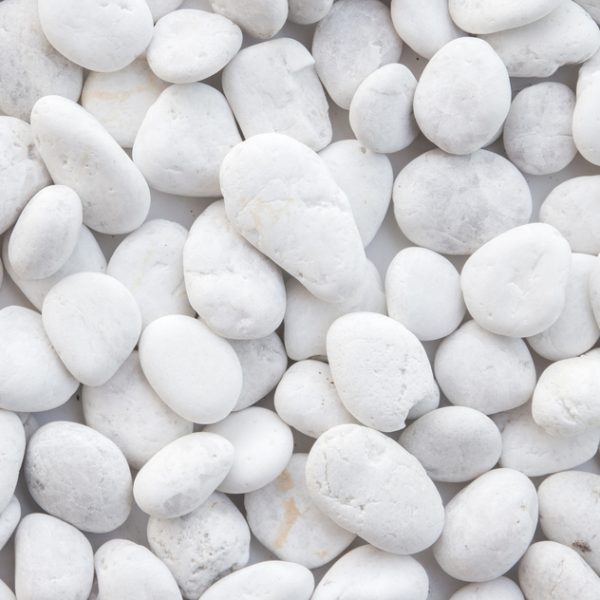 Pebbles Snow White 10-30mm 20kg Bag features smoothly polished pebbles in varying sizes, closely arranged for a refined look.