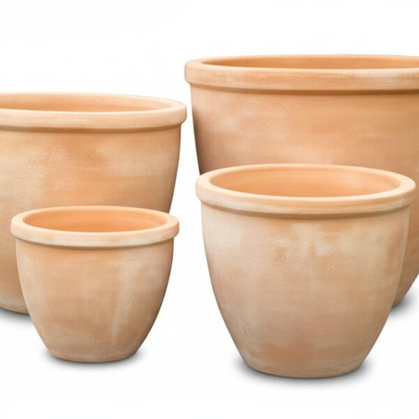 The Terracotta Rim Egg Traditional (SET OF 4) features four pots of different sizes, arranged together against a white background to highlight their classic, traditional design.