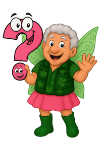 Cartoon of an older woman with grey hair, green fairy wings, and a pink skirt holding a FREE Tomato Plant and a pink question mark with a smiling face.
