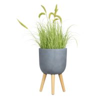 The GardenLite Egg Planter with Legs Brushed Concrete XS 25x25cm features a grey finish and three wooden legs, displaying tall green ornamental grass with fluffy seed heads, set against a white background.