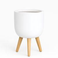 The GardenLite Egg Planter with Legs White M (39x38cm) features a white round design and three light wooden legs, shown against a simple white background.
