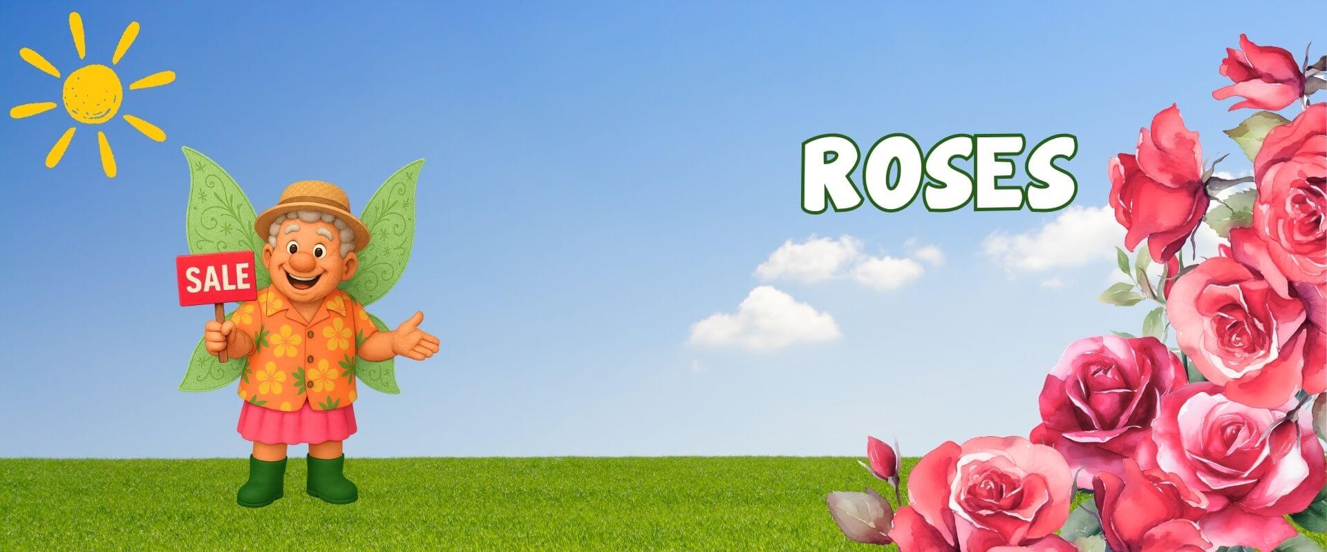A cartoon fairy holding a "sale" sign stands on grass under a sunny sky for the Festive Flash Plant Sale; text "ROSES" and a cluster of pink roses appear on the right side.