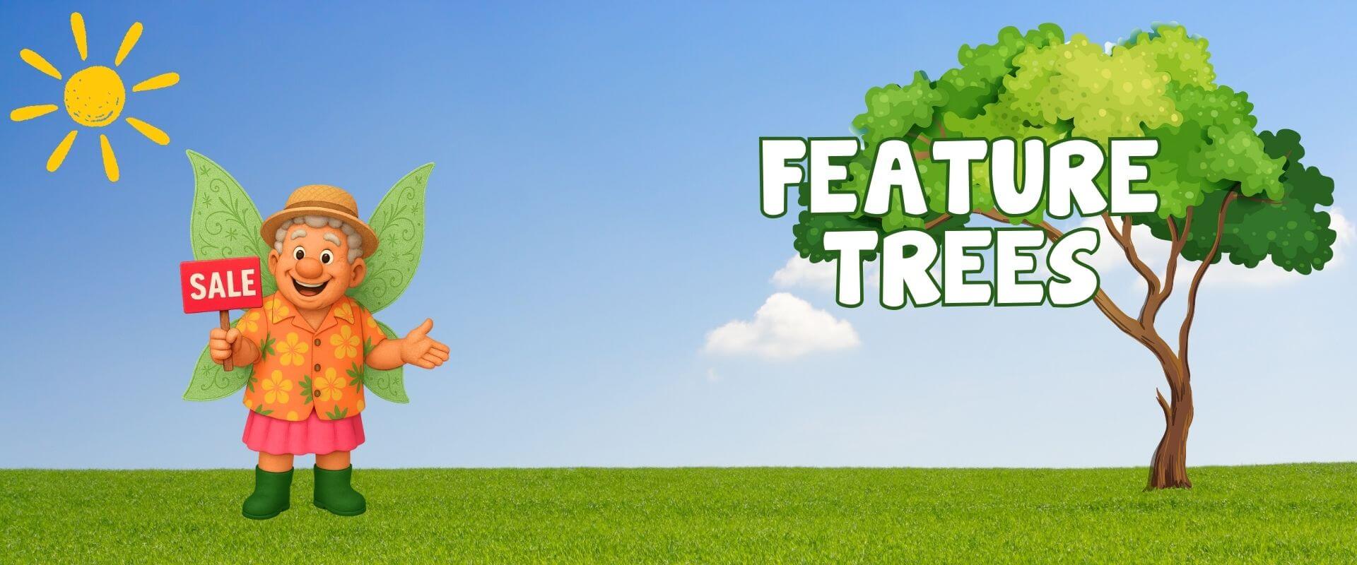 Illustration of a fairy holding a "sale" sign near a tree, with "Feature Trees" on a grassy field under a sunny sky—perfect for promoting your Festive Flash Plant Sale.