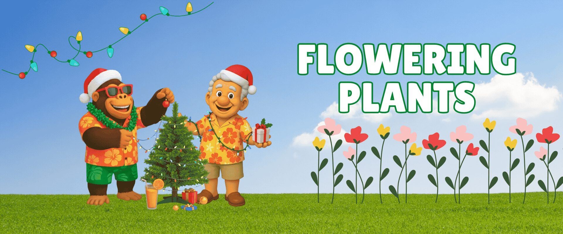 A cartoon gorilla and man in Santa hats decorate a small Christmas tree on grass, with "FLOWERING PLANTS" text, stylised flowers, and a Festive Garden Ready Flash Sale vibe in the background.