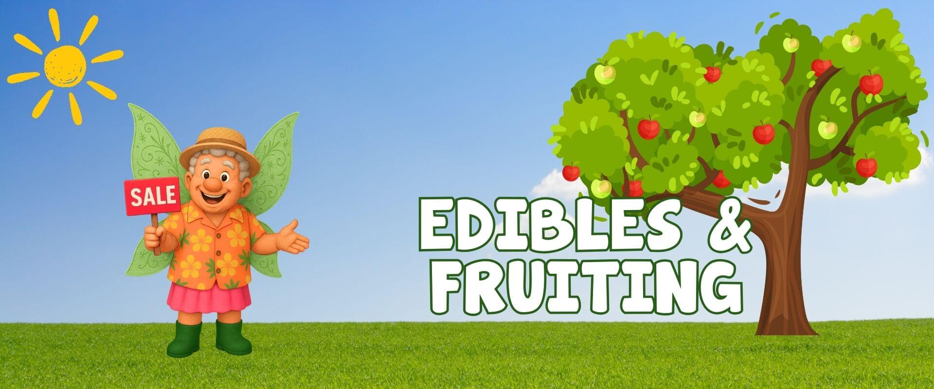 Cartoon fairy holding a "SALE" sign stands next to an apple tree with fruit under a sunny sky, promoting a Festive Flash Plant Sale with text "EDIBLES & FRUITING.