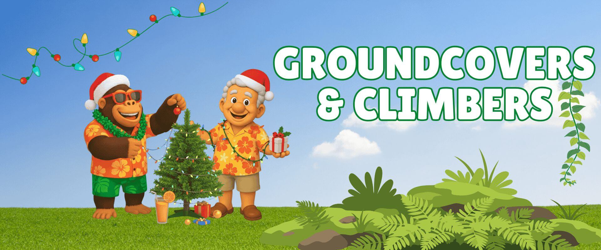 Two cartoon characters in Hawaiian shirts and Santa hats decorate a small Christmas tree on grass. Text reads "Groundcovers & Climbers" amid plants and festive lights, celebrating a Festive Garden Ready Flash Sale.