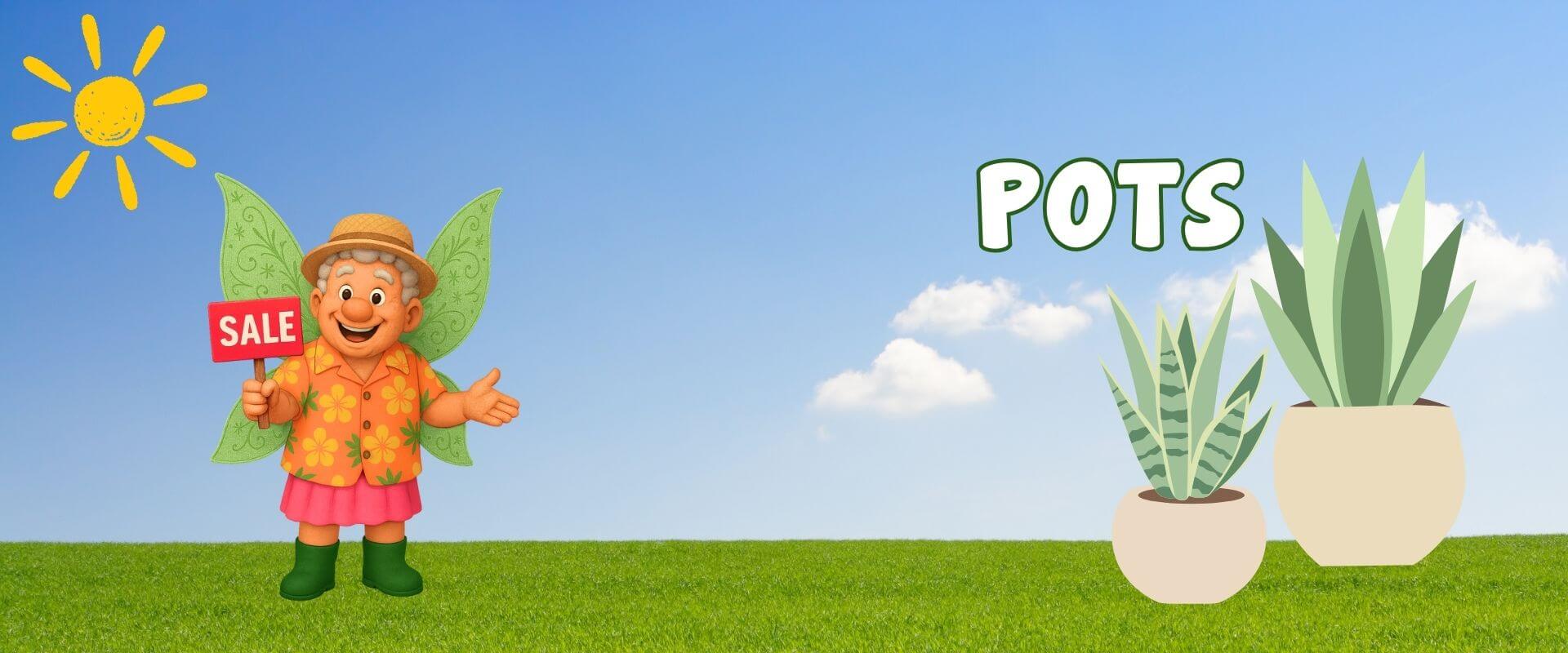Cartoon fairy holding a "sale" sign stands on grass next to illustrated potted plants under a sunny sky, announcing a Festive Flash Plant Sale with the word "POTS" above the plants.