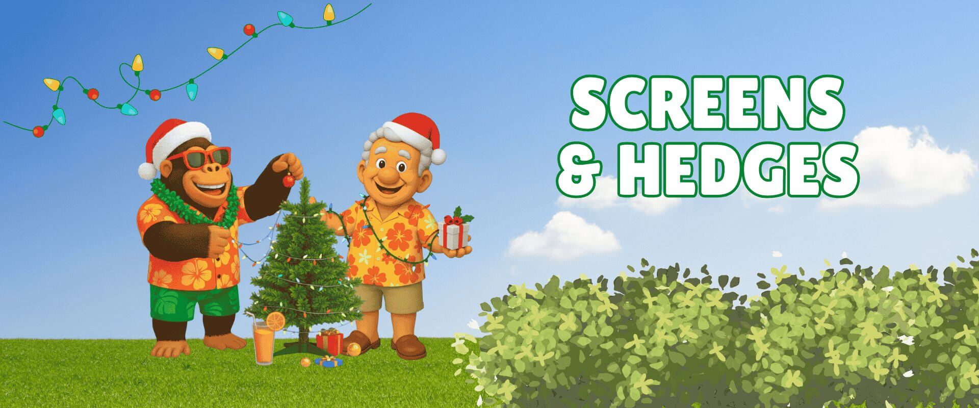 Cartoon ape and man in Hawaiian shirts and Santa hats decorate a small Christmas tree on grass near a hedge under fairy lights, celebrating a Festive Garden Ready Flash Sale. Text reads "Screens & Hedges".