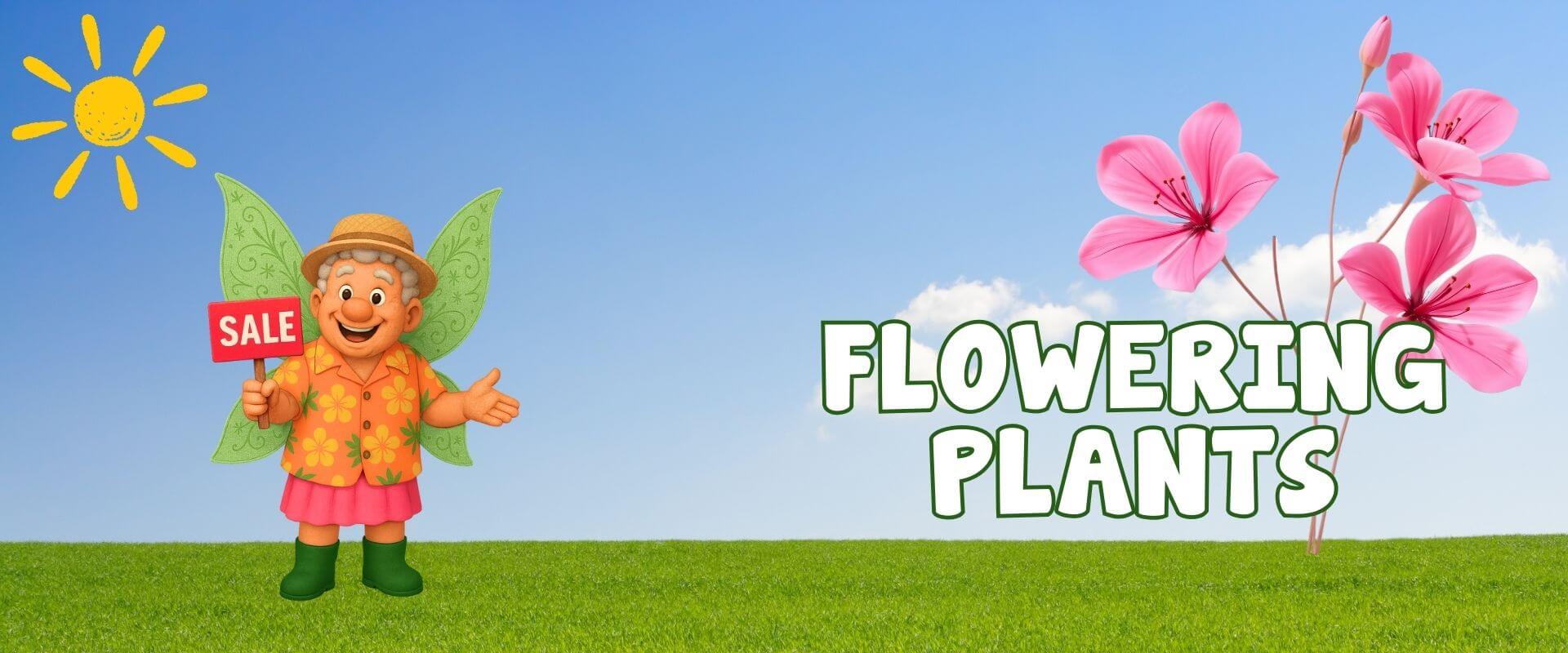 Cartoon character with fairy wings holds a "SALE" sign near large pink flowers and the text "FLOWERING PLANTS" on a grassy field under a blue sky, celebrating a Festive Flash Plant Sale.