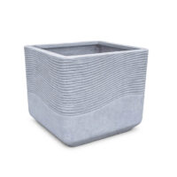A grey, square planter with textured, wavy horizontal lines on the upper half and a smooth surface on the lower half.