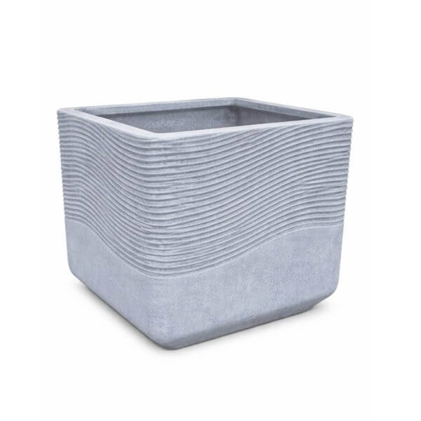 A grey, square planter with textured, wavy horizontal lines on the upper half and a smooth surface on the lower half.