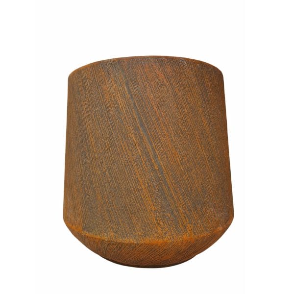 A round, rust-coloured planter with a textured diagonal striped pattern and a slightly tapered base—the GardenLite Torino Tapered Planter Rust (Large)—displayed against a white background.