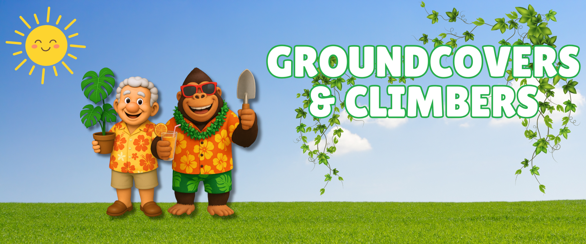 Two cartoon characters, one human and one gorilla, stand on grass holding gardening tools with the text "Groundcovers & Climbers" against a sunny sky—perfect inspiration for your next holiday garden project.