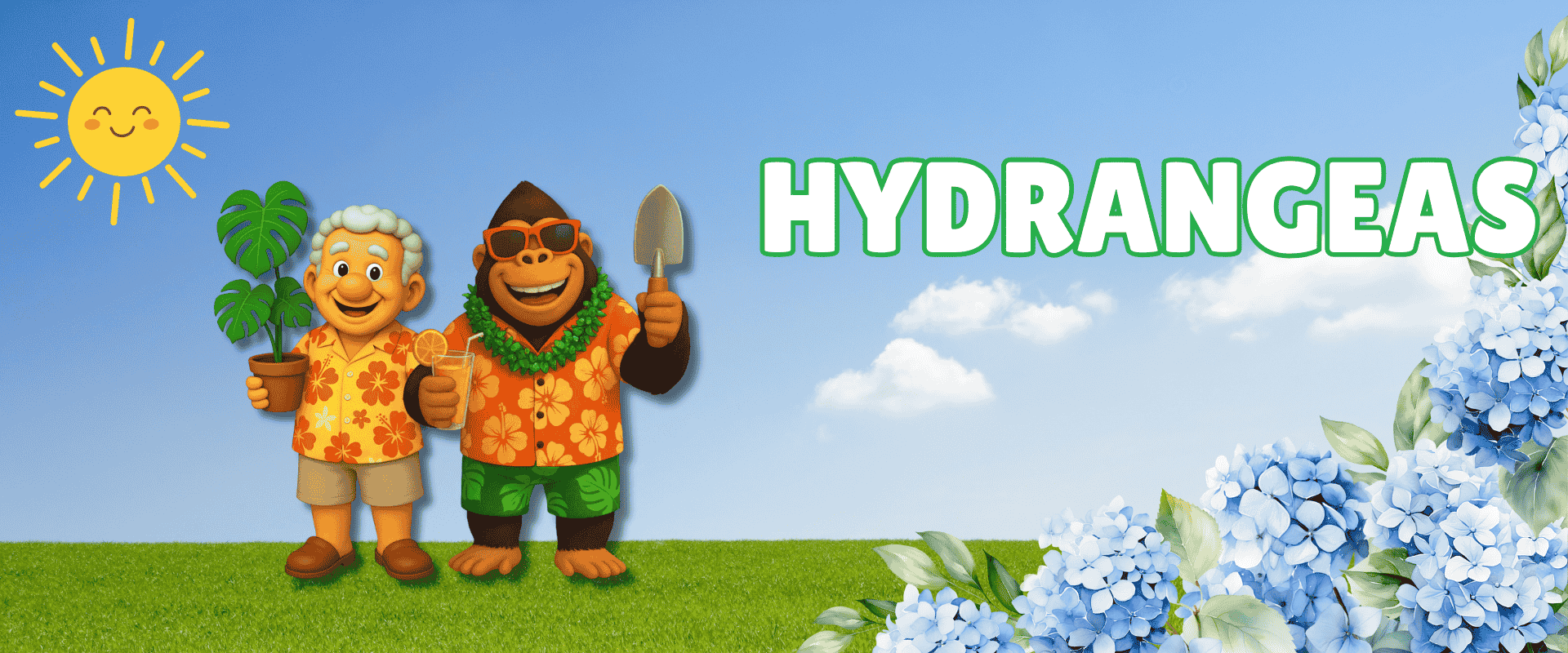 Two cartoon characters, one human and one gorilla, stand on grass with gardening tools next to "HYDRANGEAS," blue hydrangeas, and a sun in the background—perfect for a Flash Sale garden event!.