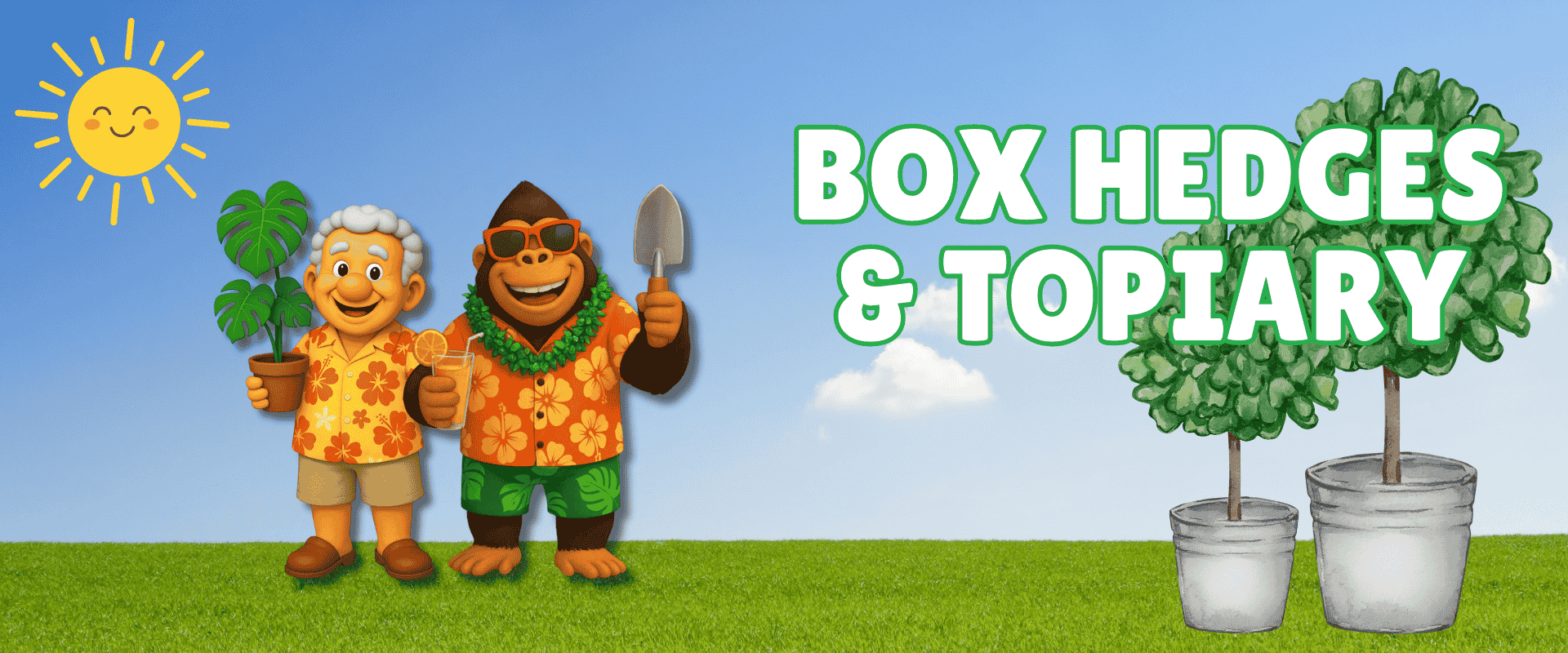 Two cartoon characters in tropical shirts stand on grass holding plants and a trowel, with a bright sun, two potted topiary trees, and the text "Box Hedges & Topiary"—perfect inspiration for your next holiday garden project.