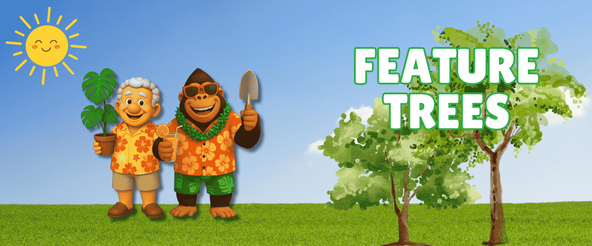 Illustration of a smiling man and a gorilla holding gardening tools, standing on grass beside a tree under a sun, with "Feature Trees" text—perfect for your holiday garden or next garden project sale.