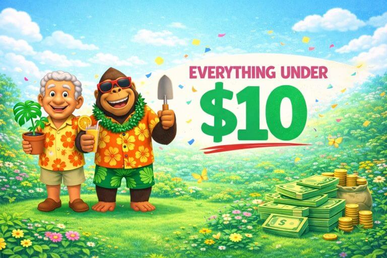 A smiling man and a gorilla in Hawaiian shirts stand in a garden with plants and tools. Text reads “Holiday Plant Sale: Everything Under £10.” Notes and coins are stacked nearby.