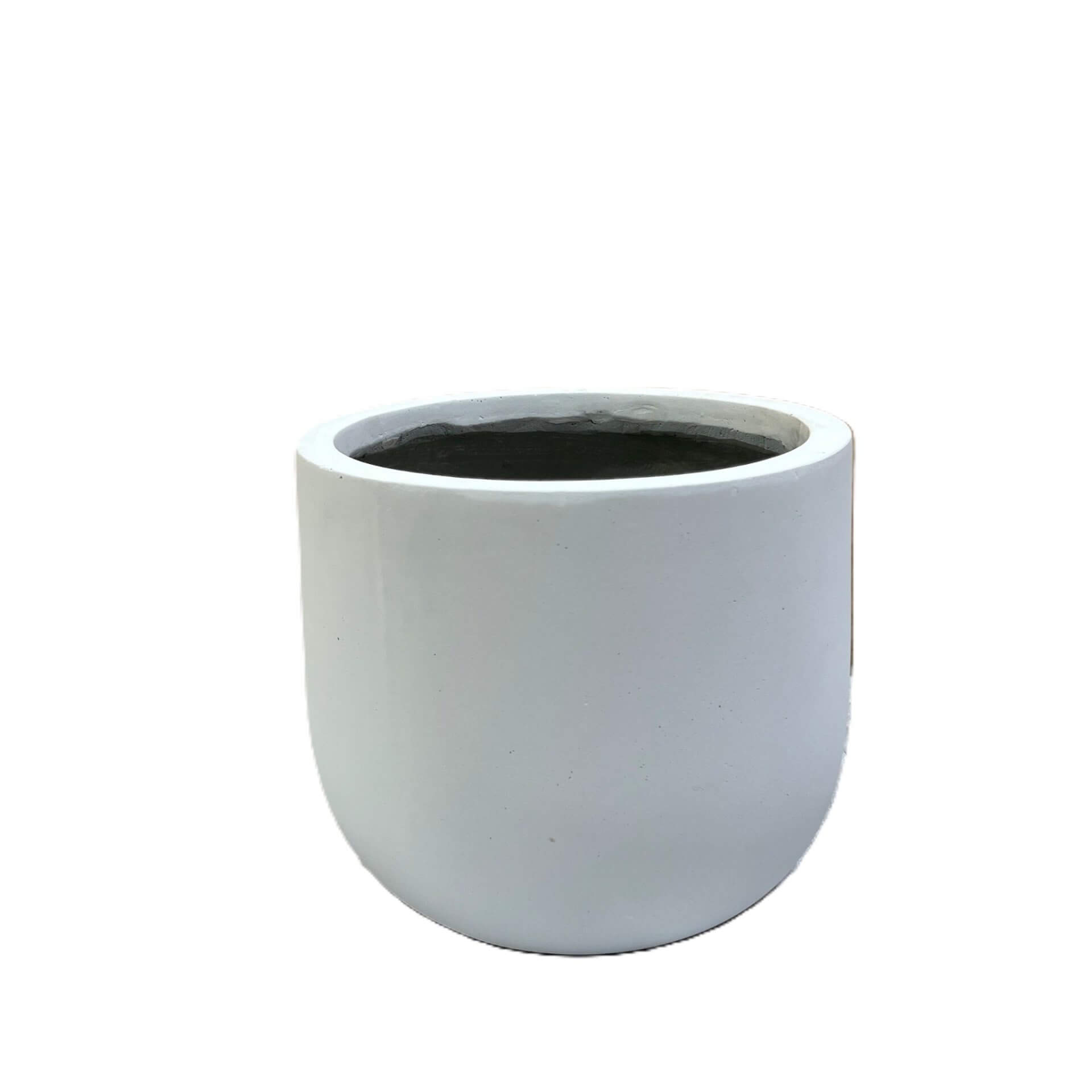 A plain, round, white ceramic plant pot with a smooth surface and an open top, displayed against a white background.