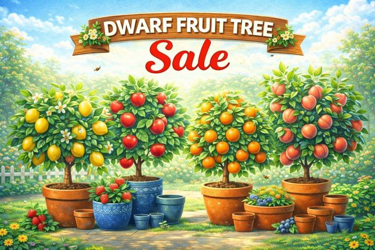Four potted dwarf fruit trees with lemons, apples, oranges, and peaches are displayed under a “Dwarf Fruit Tree Sale” banner as part of the Holiday Plant Sale, surrounded by small pots and garden flowers.