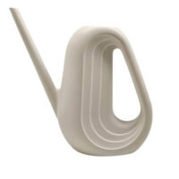 A modern, white watering can with a geometric, looped handle and a long, narrow spout.