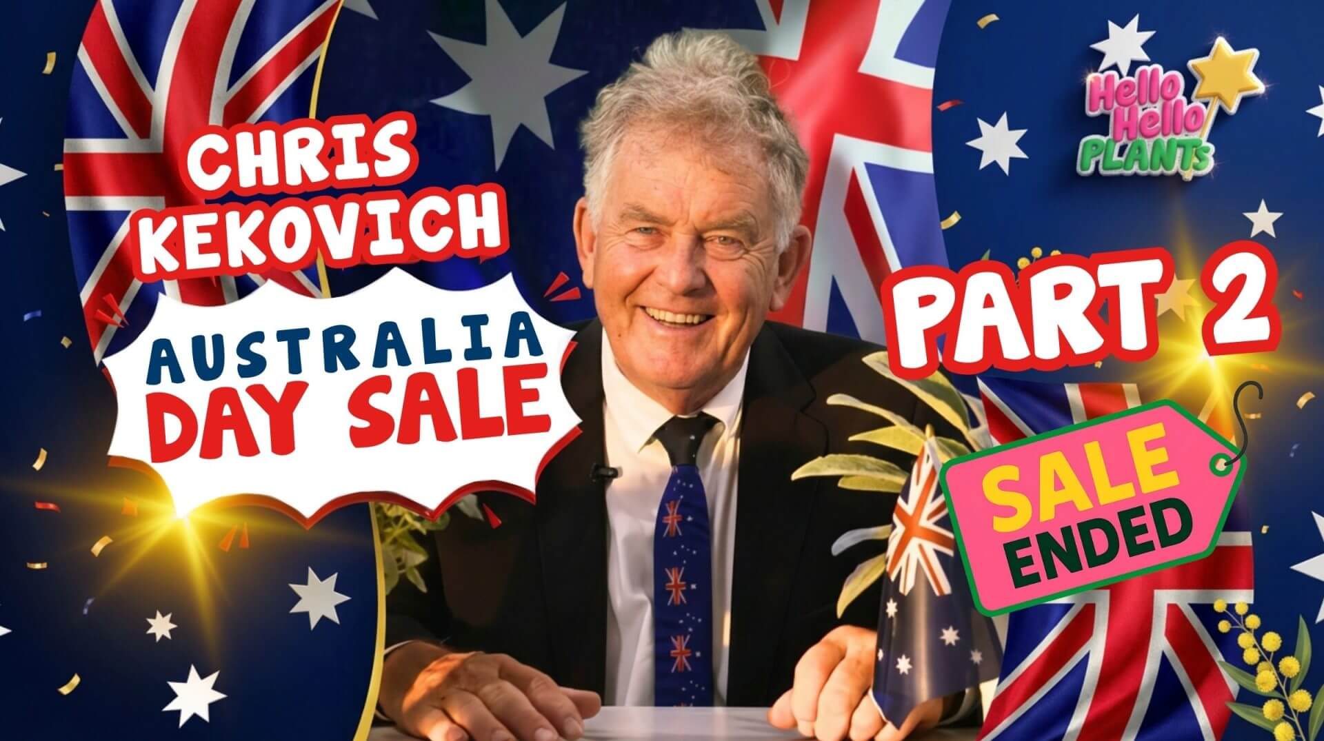 Smiling man in a suit sits at a desk with Australian flags and sale signs; text reads "Chris Kekovich Australia Day Flash Sale - Part 2 Sale Ended.