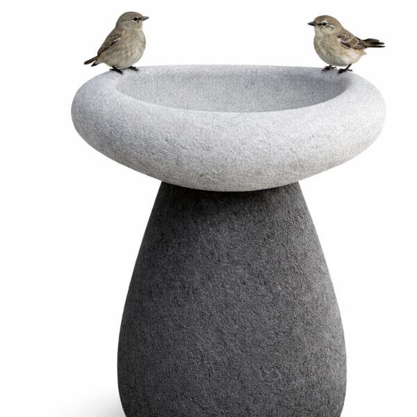 Two small birds perched on the rim of a modern, two-tone stone bird bath against a white background.