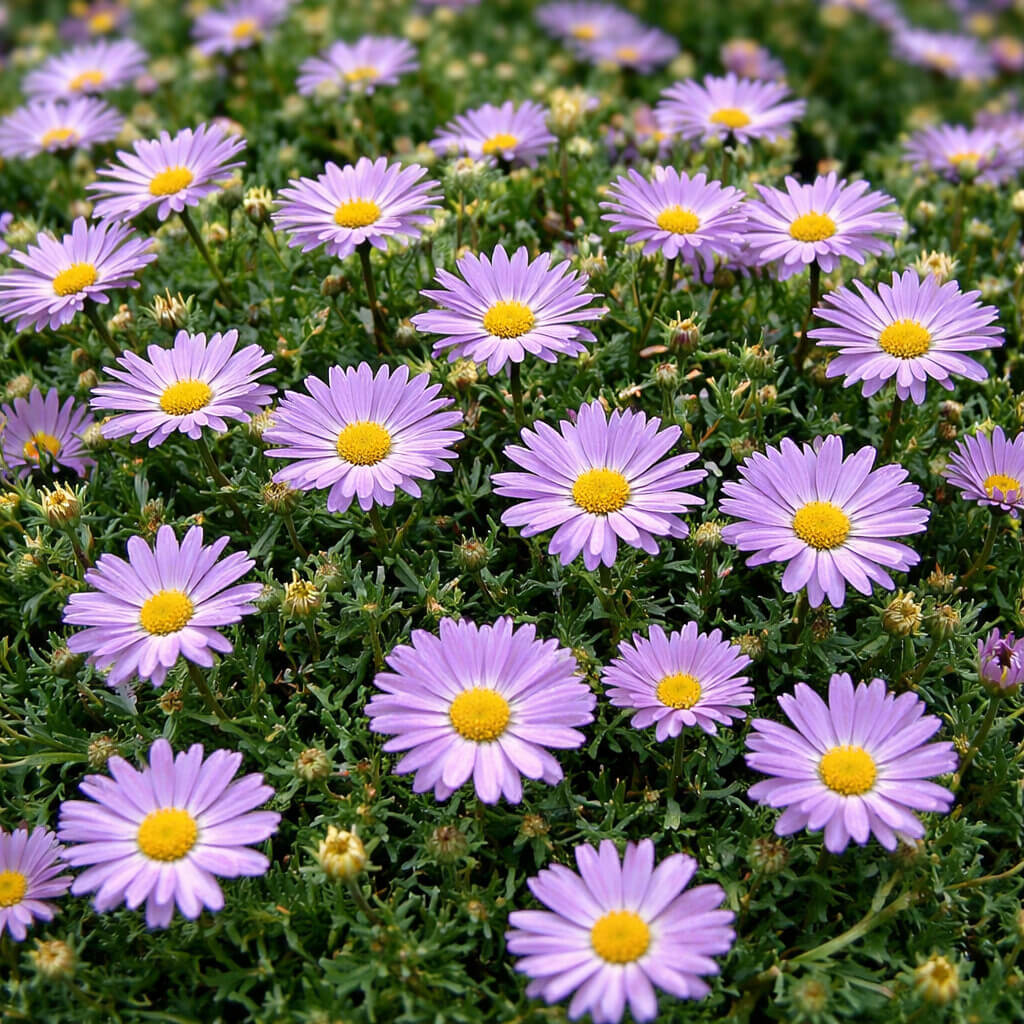 A cluster of blooming Brachyscome 'Mauve Delight' daisies in a 15cm pot features yellow centres and is surrounded by dense green foliage.
