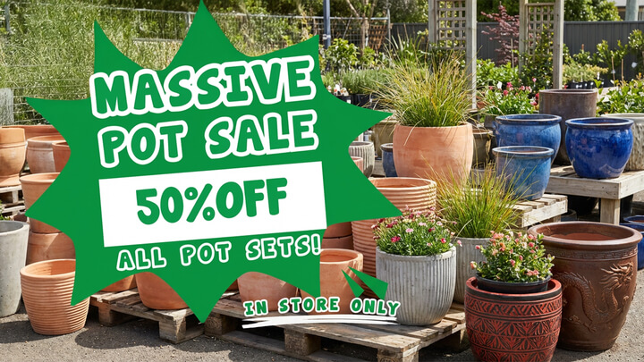 Outdoor display of various ceramic pots at the Plant Nursery, with a large sign advertising a massive pot sale—50% off all pot sets, in store only.