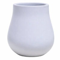 A matt light grey ceramic vase with a wide, rounded base and a slightly narrower, flat-topped opening, set against a white background.