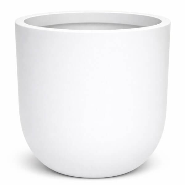 A plain, round, white ceramic plant pot with a smooth surface and no visible decorations, photographed against a white background.