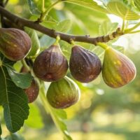 Ripe figs cluster on a Ficus 'Brunswick' Fig Tree in an 8" pot, with green leaves standing out against a sunlit, blurred background of foliage.