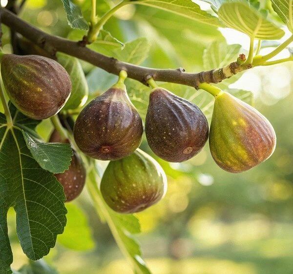 Ripe figs cluster on a Ficus 'Brunswick' Fig Tree in an 8" pot, with green leaves standing out against a sunlit, blurred background of foliage.